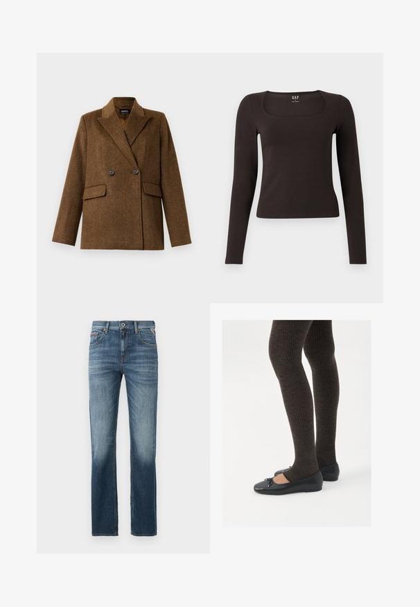 Hnědý dvouřadý vlněný blazer se širokými klopami, dvěma předními kapsami s klopou a zapínáním na knoflík, vystavený na jednobarevném bílém pozadí.; Černý dlouhý rukáv, přiléhavý top se čtvercovým výstřihem, označený značkou GAP, vystavený na bílém pozadí.; Tmavě modré džíny z denimu s rovným střihom, jemným vyblednutím v oblasti stehen a kontrastním šitím. Klasický design s pěti kapsami a zapínáním na zip.; Černé ploché boty s malou mašlí na špičce, kombinované s tmavě hnědými žebrovanými punčochami. Boty mají hladký povrch a nízký profil.