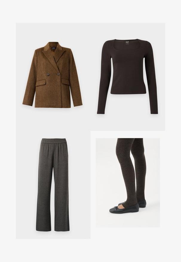 Bruine dubbelzijdige wollen blazer met brede revers, twee voorste klepzakken en knoopsluiting, weergegeven op een plain witte achtergrond.; Zwarte lange mouwen, getailleerde top met een vierkante halslijn, gelabeled GAP, weergegeven op een witte achtergrond.; Grijze wijde broek van een textuurstof, met een elastische tailleband en zonder zakken, ontworpen voor comfort en bewegingsvrijheid.; Zwarte platte schoenen met een kleine strikdetail op de neus, gecombineerd met donkerbruine geribbelde panty’s. De schoenen hebben een gladde textuur en een lage profiel.