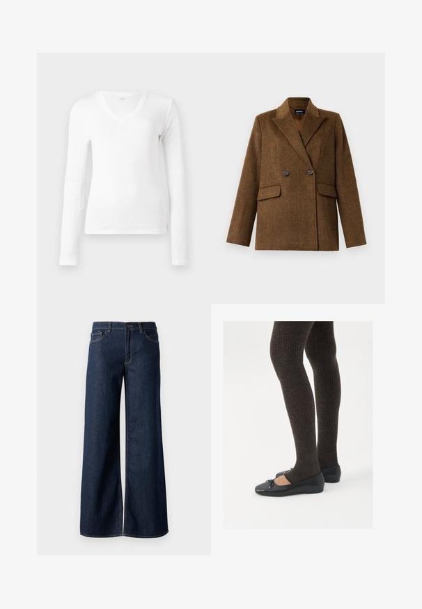 Blazer de lã castanho, de dois botões, com lapelas largas, duas bolsas frontais com aba e fecho de botão, exibido sobre um fundo branco liso.; Camisa branca de mangas longas, com decote em V, de corte justo, exibida de forma plana sobre um fundo branco.; Jeans de perna larga em denim azul escuro. Apresenta costura em contraste, cinco bolsos e um fecho de botão na cintura. Textura lisa.; Sapatos planos pretos com um pequeno laço na ponta, emparelhados com meias-calças caneladas castanhas escuras. Os sapatos têm uma textura suave e um design discretamente baixo.