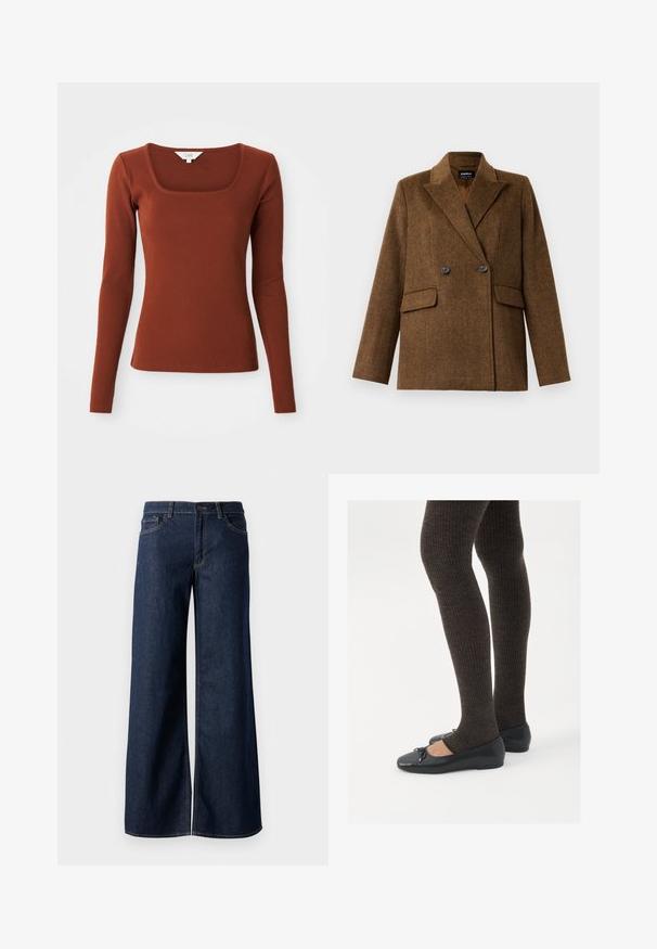 Brun dubbelknäppt ullblazer med breda slag, två framfickor med klaff och knäppning, utställd på en plain vit bakgrund.; Rostfärgad ribbad långärmad topp med fyrkantig halsringning, figurnära silhuett och en liten varumärkesetikett vid kragen.; Breda jeans i mörkblå denim. Har kontrastsömmar, fem fickor och en knappstängning vid midjan. Slät textur.; Svarta platta skor med en liten rosett vid tån, i kombination med mörkbruna ribbade strumpbyxor. Skorna har en slät yta och låg profil.