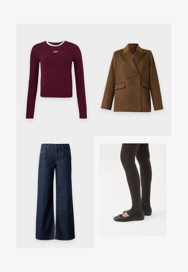 Blazer in lana marrone doppiopetto con revers ampi, due tasche anteriori a soffietto e chiusura con bottoni, esposto su uno sfondo bianco semplice.; Top a maniche lunghe ribbed in color bordeaux con un bordo bianco al collo a giro e il logo ricamato "GAP" sul petto. Presenta un design aderente.; Jeans a gamba larga in denim blu scuro. Presentano cuciture a contrasto, cinque tasche e una chiusura con bottone in vita. Texture morbida.; Scarpe nere a flat con un piccolo fiocco sulla punta, abbinate a collant a coste marrone scuro. Le scarpe hanno una texture liscia e un profilo basso.