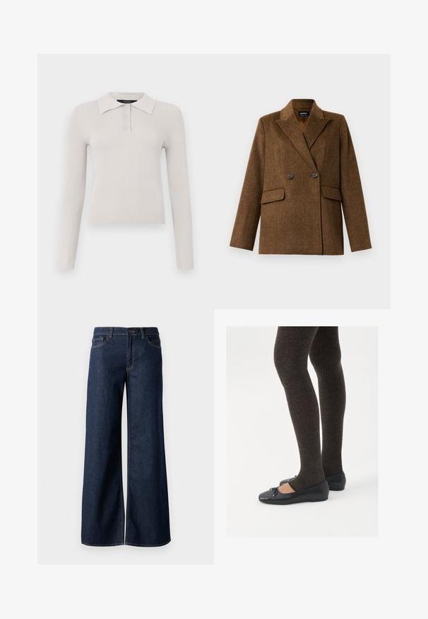 Brauner doppelt knöpferner Wollblazer mit breiten Revers, zwei vorderen Klappentaschen und Knopfverschluss, auf einem schlichten weißen Hintergrund präsentiert.; Helles graues Langarm-Polo-Shirt mit gerippter Textur, Zwei-Knopf-Leiste und klassischem Kragen. Weicher Stoff mit taillierter Passform.; Weite Jeans in dunkelblauem Denim. Merkmale sind kontrastierende Nähte, fünf Taschen und ein Knopfverschluss an der Taille. Glatte Textur.; Schwarze flache Schuhe mit einem kleinen Schleifendetail an der Zehe, kombiniert mit dunkelbraunen gerippten Strumpfhosen. Die Schuhe haben eine glatte Textur und ein niedriges Profil.
