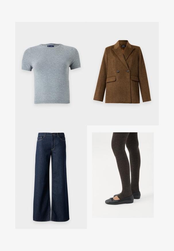 Rudas dvigubas vilnonis švarkas su plačiomis atlapinėmis, dviem priekinėmis kišenėmis su sagtimis, eksponuojamas ant paprasto balto fono.; Pilkas trumpas rankovėmis marškinėliai, pagaminti iš minkštos trikotažo medžiagos, su apvalia iškirpte ir aptemptu dizainu, minimaliais siūlės ir be raštų.; Plati kojinės džinsai tamsiai mėlynos džinsinės medžiagos. Yra kontrastingas siuvimo ornamentas, penkios kišenės ir užsegimas mygtuku juosmenyje. Lygus paviršius.; Juodos plokščios bateliai su maža kaspinėlio detale prie pirštų, derinami su tamsiai rudos spalvos raukšlėtomis pėdkelnėmis. Bateliai turi lygų paviršių ir žemą profilį.