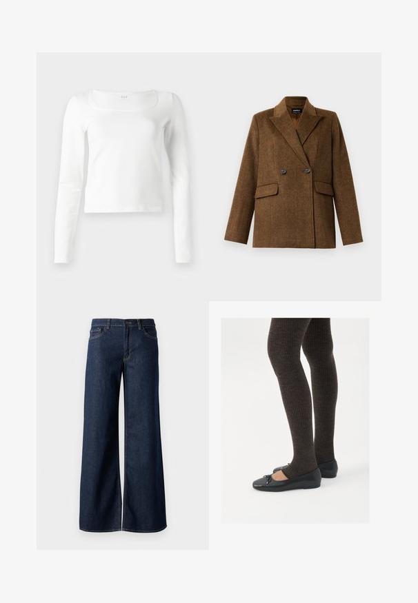 Brown double-breasted wool blazer with wide lapels, two front flap pockets, and button closure, displayed on a plain white background.; White long-sleeve fitted top with a square neckline and slightly cropped length, displayed against a white background.; Wide-leg jeans in dark blue denim. Features contrast stitching, five pockets, and a button closure at the waist. Smooth texture.; Black flat shoes with a small bow detail at the toe, paired with dark brown ribbed tights. Shoes have a smooth texture and low profile.