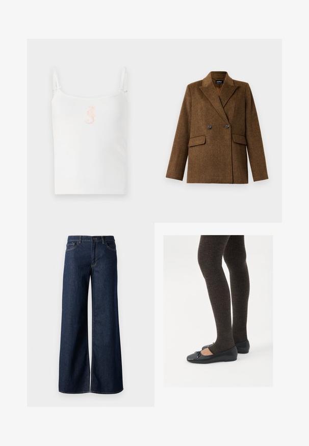 Brown double-breasted wool blazer with wide lapels, two front flap pockets, and button closure, displayed on a plain white background.; White ribbed tank top with thin shoulder straps, featuring a small pink seahorse design at the center. Smooth texture, casual fit.; Wide-leg jeans in dark blue denim. Features contrast stitching, five pockets, and a button closure at the waist. Smooth texture.; Black flat shoes with a small bow detail at the toe, paired with dark brown ribbed tights. Shoes have a smooth texture and low profile.