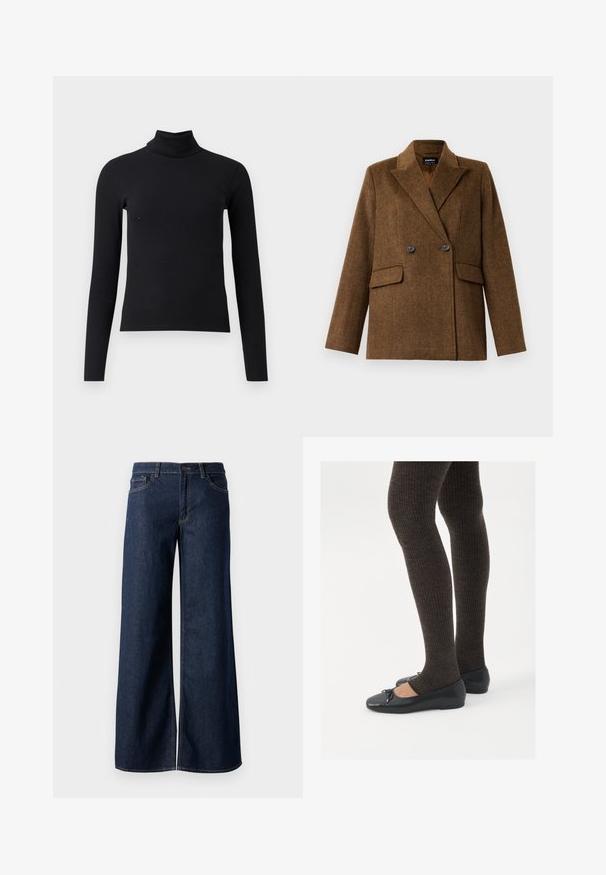 Brown double-breasted wool blazer with wide lapels, two front flap pockets, and button closure, displayed on a plain white background.; Black ribbed turtleneck sweater with long sleeves, fitted design, smooth texture, and high collar. No visible patterns or embellishments.; Wide-leg jeans in dark blue denim. Features contrast stitching, five pockets, and a button closure at the waist. Smooth texture.; Black flat shoes with a small bow detail at the toe, paired with dark brown ribbed tights. Shoes have a smooth texture and low profile.
