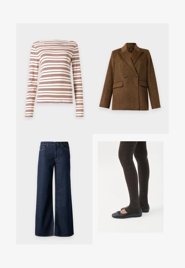 Brązowa dwurzędowa marynarka wełniana z szerokimi klapami, dwoma przednimi kieszeniami z klapkami i zapięciem na guziki, prezentowana na jednolitym białym tle.; Długi rękaw w kolorze kremowym z bordowymi poziomymi paskami; dekolt typu łódka; miękki materiał; dopasowany krój z delikatnym streczem.; Jeansy z szerokimi nogawkami w ciemnoniebieskim denienie. Posiadają kontrastowe przeszycia, pięć kieszeni oraz zapięcie na guzik w talii. Gładka faktura.; Czarne płaskie buty z małym kokardkowym detalem na palcach, zestawione z ciemnobrązowymi rajstopami w prążki. Buty mają gładką teksturę i niski profil.
