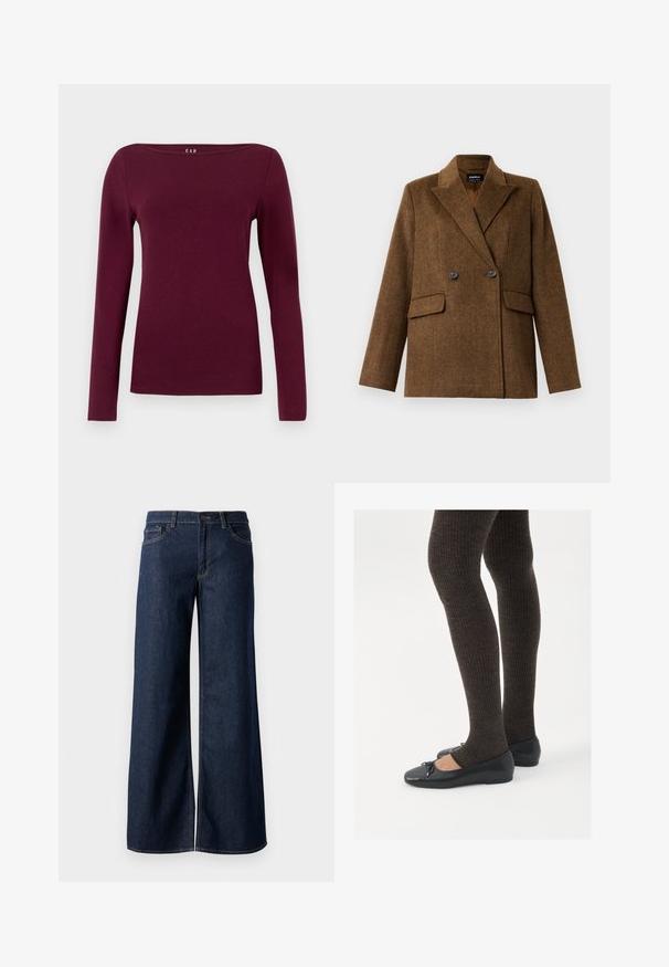 Blazer de lã castanho, de dois botões, com lapelas largas, duas bolsas frontais com aba e fecho de botão, exibido sobre um fundo branco liso.; Camisola de manga longa, com decote redondo, para mulheres, em um sólido bordeaux profundo, feita de um tecido suave e ajustado.; Jeans de perna larga em denim azul escuro. Apresenta costura em contraste, cinco bolsos e um fecho de botão na cintura. Textura lisa.; Sapatos planos pretos com um pequeno laço na ponta, emparelhados com meias-calças caneladas castanhas escuras. Os sapatos têm uma textura suave e um design discretamente baixo.
