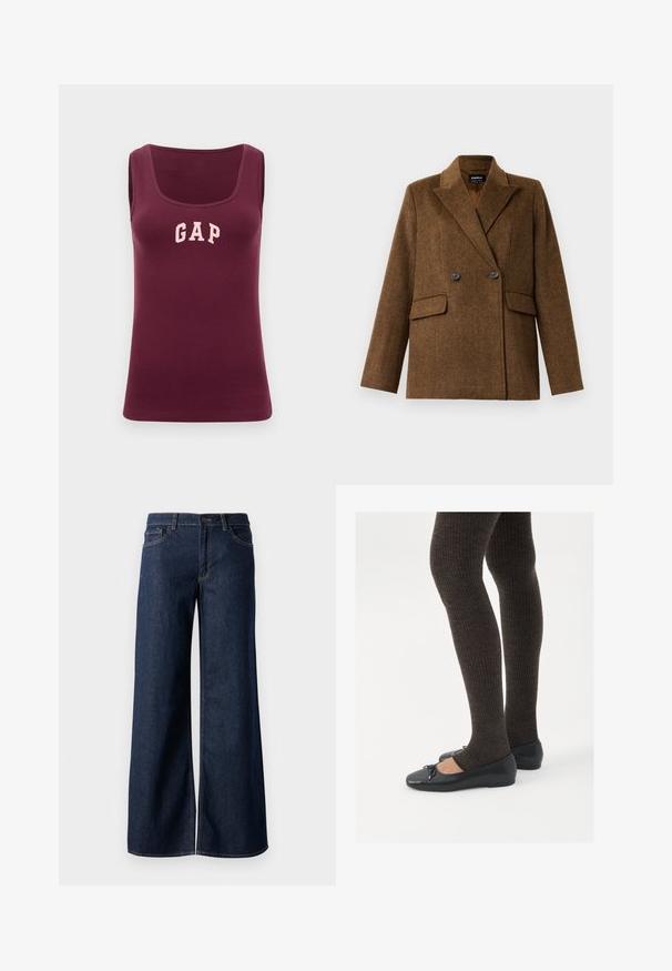 Brauner doppelt knöpferner Wollblazer mit breiten Revers, zwei vorderen Klappentaschen und Knopfverschluss, auf einem schlichten weißen Hintergrund präsentiert.; Burgunderfarbener Tank-Top mit taillierter Passform, gerippter Textur und pinkem "GAP"-Logo auf der Vorderseite, mit Rundhalsausschnitt und ohne Ärmel.; Weite Jeans in dunkelblauem Denim. Merkmale sind kontrastierende Nähte, fünf Taschen und ein Knopfverschluss an der Taille. Glatte Textur.; Schwarze flache Schuhe mit einem kleinen Schleifendetail an der Zehe, kombiniert mit dunkelbraunen gerippten Strumpfhosen. Die Schuhe haben eine glatte Textur und ein niedriges Profil.