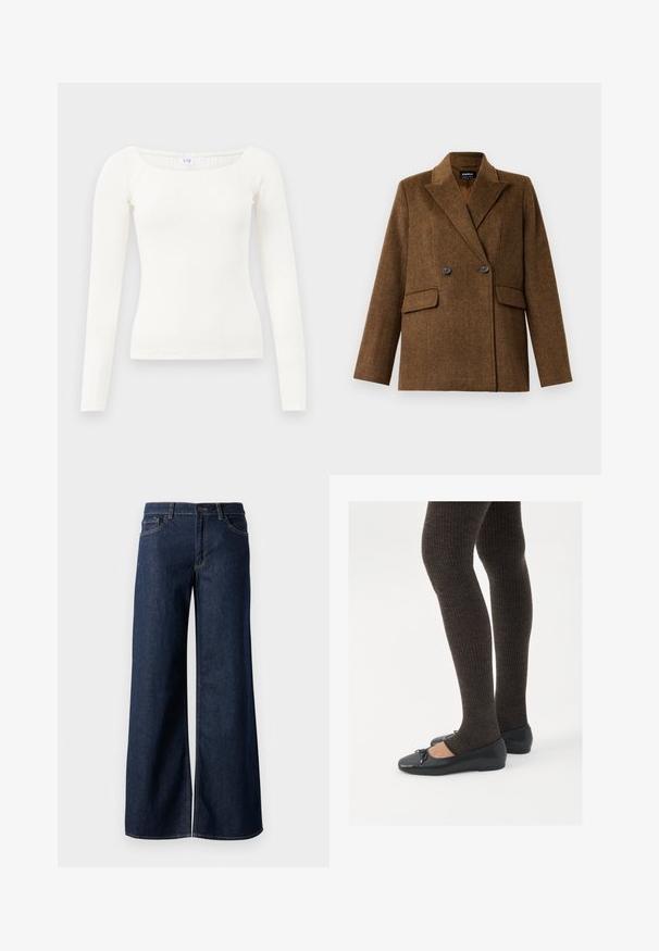 Blazer de lana marrón de doble botonadura con solapas anchas, dos bolsillos delanteros con solapa y cierre de botón, exhibido sobre un fondo blanco liso.; Top blanco de manga larga con canalé y escote cuadrado, hecho de tela suave. Presenta un diseño ajustado y dobladillos sin costuras para un aspecto limpio.; Jeans de pierna ancha en denim azul oscuro. Presenta costuras en contraste, cinco bolsillos y un cierre de botón en la cintura. Textura suave.; Zapatos planos negros con un pequeño lazo en la punta, combinados con medias de punto en marrón oscuro. Los zapatos tienen una textura suave y un perfil bajo.