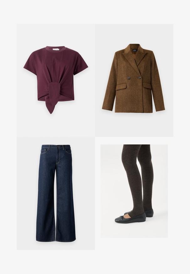 Pruun kahepoolne villane bleiser laiade klappidega, kahe esise fanaaniga taskuga ja nööbiga kinnitamine, esitatud ühel lihtsal valgel taustal.; Burgundia lühikese varrukaga T-särk, mis on valmistatud puuvillast, omades sõlme detaili vööst ja klassikalist ümmargust kaelust.; Laiad teksad tumesinises denimis. Omab kontrastõmblusi, viit taskut ja nupukinnitust vööl. Sile tekstuur.; Mustad mustad kingad väikese teksaga varvaste juures, koos tumedate pruunide ribakangastega. Kingadel on sile tekstuur ja madal profiil.