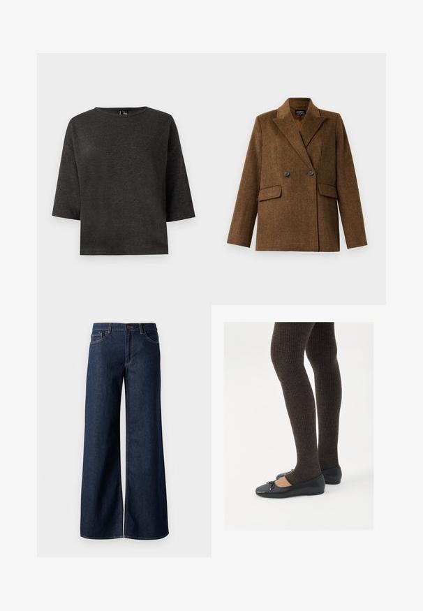 Brun dobbeltradet ullblazer med brede reversible slag, to frontlommer med klaff og knappelukking, vist på en ensfarget hvit bakgrunn.; Mørkegrå, kortermet topp laget av myk stoff. Har rund hals og enkel, firkantet fasong uten dekorasjoner eller mønstre.; Vide benbukser i mørkeblå denim. Har kontrastsøm, fem lommer og en knaplukning i taljen. Glat tekstur.; Sorte flate sko med en liten sløyfedetalj på tåen, kombinert med mørkebrune ribbede strømpebukser. Skoene har en glatt overflate og lav profil.