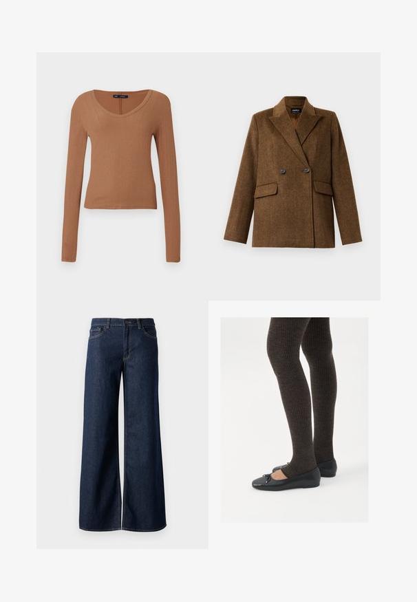 Brown double-breasted wool blazer with wide lapels, two front flap pockets, and button closure, displayed on a plain white background.; Brown, ribbed long-sleeve top with a scoop neckline and fitted design. Made from a soft, stretchy material for comfort.; Wide-leg jeans in dark blue denim. Features contrast stitching, five pockets, and a button closure at the waist. Smooth texture.; Black flat shoes with a small bow detail at the toe, paired with dark brown ribbed tights. Shoes have a smooth texture and low profile.