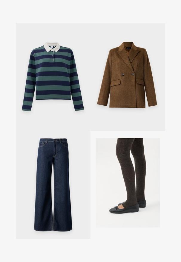 Brauner doppelt knöpferner Wollblazer mit breiten Revers, zwei vorderen Klappentaschen und Knopfverschluss, auf einem schlichten weißen Hintergrund präsentiert.; Langarm-Poloshirt in dunkelblau und dunkelgrünen Streifen, mit einem weißen Kragen und einer Drei-Knopf-Leiste; aus weichem Baumwollmaterial gefertigt.; Weite Jeans in dunkelblauem Denim. Merkmale sind kontrastierende Nähte, fünf Taschen und ein Knopfverschluss an der Taille. Glatte Textur.; Schwarze flache Schuhe mit einem kleinen Schleifendetail an der Zehe, kombiniert mit dunkelbraunen gerippten Strumpfhosen. Die Schuhe haben eine glatte Textur und ein niedriges Profil.