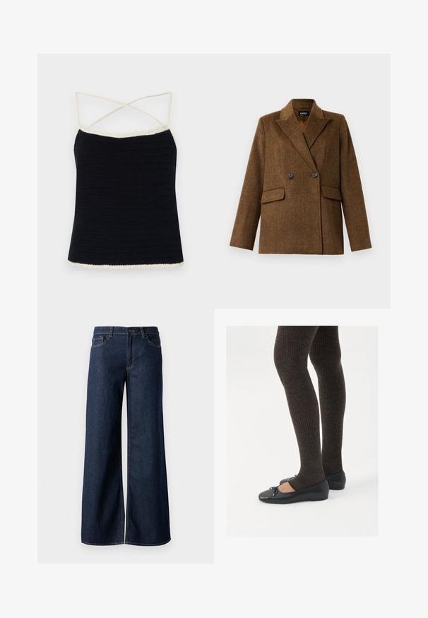 Brown double-breasted wool blazer with wide lapels, two front flap pockets, and button closure, displayed on a plain white background.; Black crochet camisole with cream scalloped trim, featuring crossed spaghetti straps and a fitted silhouette. Smooth texture with horizontal patterns.; Wide-leg jeans in dark blue denim. Features contrast stitching, five pockets, and a button closure at the waist. Smooth texture.; Black flat shoes with a small bow detail at the toe, paired with dark brown ribbed tights. Shoes have a smooth texture and low profile.