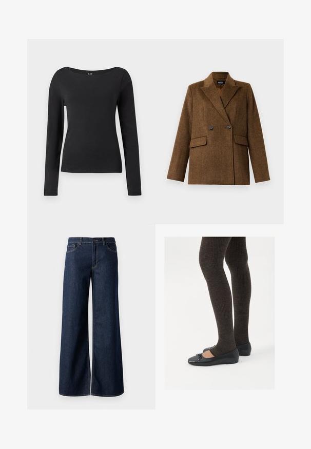 Sacou din lână maro, cu două rânduri de nasturi și rever larg, cu două buzunare frontale cu clapă și închidere cu nasturi, expus pe un fundal alb simplu.; Cămașă neagră cu mâneci lungi, ajustată, cu decolteu rotund larg, expusă pe un fundal alb simplu.; Jeanși cu picioare largi din denim albastru închis. Prezintă cusături contrastante, cinci buzunare și o închidere cu nasture la talie. Textură netedă.; Pantofi negri cu un detaliu mic de fundiță la vârf, asortați cu colanți maro închis, cu textură ondulată. Pantofii au o textură netedă și un profil joase.