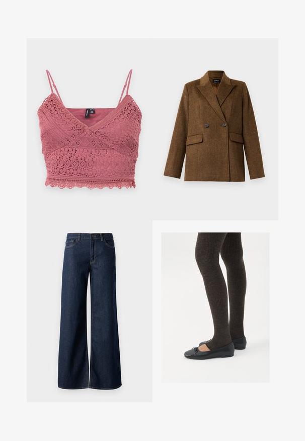 Smeđi dvoredni vuneni sako sa širokim reverima, dva prednja džepa s preklopom i dugmetom, prikazan na jednostavnoj bijeloj pozadini.; Bralet u ružičastoj boji od čipke s podesivim trakicama, valovitim rubom i složenim uzorcima čipke po cijelom materijalu.; Široke traperice u tamnoplavoj denim boji. Sadrže kontrastno šivanje, pet džepova i kopčanje na dugme u struku. Glatka tekstura.; Crne ravne cipele s malim mašnom na vrhu prstiju, uparene s tamnosmešnim rebrovanim čarapama. Cipele imaju glatku teksturu i nizak profil.