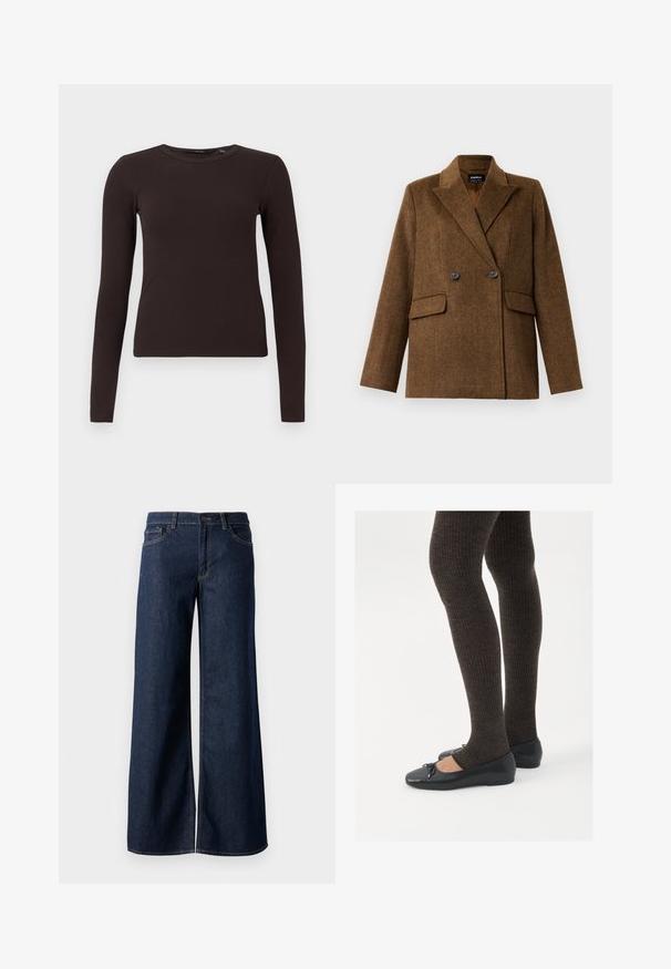 Brown double-breasted wool blazer with wide lapels, two front flap pockets, and button closure, displayed on a plain white background.; Dark brown ribbed long-sleeve crew neck top with a fitted silhouette, displayed on a plain white background.; Wide-leg jeans in dark blue denim. Features contrast stitching, five pockets, and a button closure at the waist. Smooth texture.; Black flat shoes with a small bow detail at the toe, paired with dark brown ribbed tights. Shoes have a smooth texture and low profile.