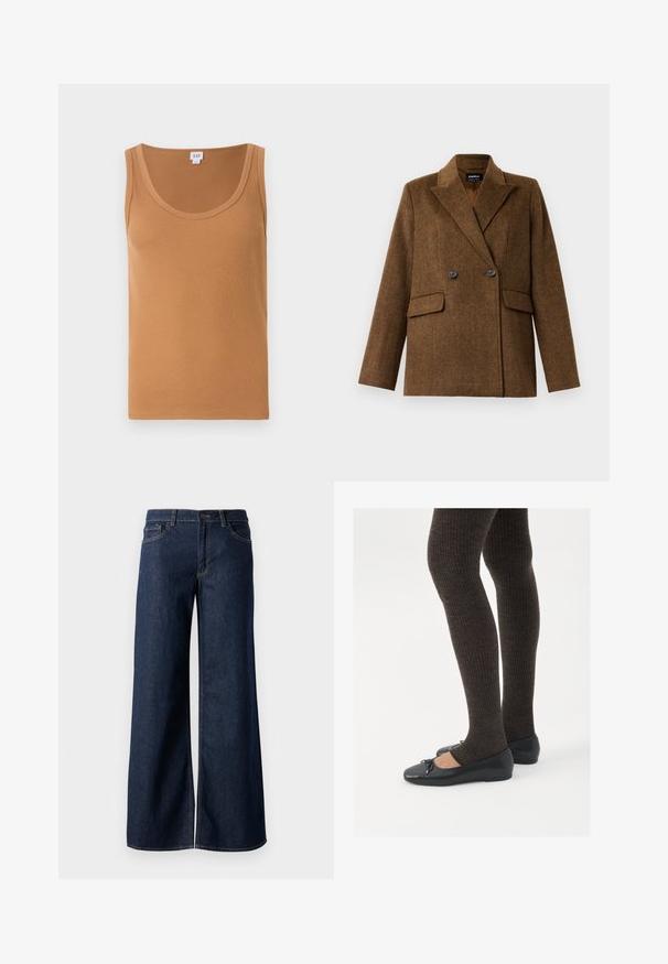 Bruine dubbelzijdige wollen blazer met brede revers, twee voorste klepzakken en knoopsluiting, weergegeven op een plain witte achtergrond.; Bruine geribbelde tanktop met een ronde hals, met een zachte textuur en zonder zichtbare logo's of patronen. Schoon en eenvoudig ontwerp.; Stijlen met wijde pijpen in donkerblauw denim. Kenmerkt zich door contrasterende stiksels, vijf zakken en een knoopsluiting in de taille. Soepele textuur.; Zwarte platte schoenen met een kleine strikdetail op de neus, gecombineerd met donkerbruine geribbelde panty’s. De schoenen hebben een gladde textuur en een lage profiel.
