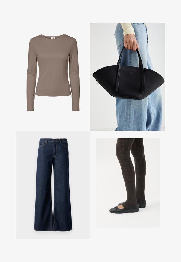 Brown double-breasted wool blazer with wide lapels, two front flap pockets, and button closure, displayed on a plain white background.; Long-sleeve fitted crew neck shirt in solid taupe color with a plain design and ribbed texture.; Wide-leg jeans in dark blue denim. Features contrast stitching, five pockets, and a button closure at the waist. Smooth texture.; Black flat shoes with a small bow detail at the toe, paired with dark brown ribbed tights. Shoes have a smooth texture and low profile.; Black leather handbag with a unique fan shape, featuring flat handles. The surface has a pebbled texture and a minimalistic design.