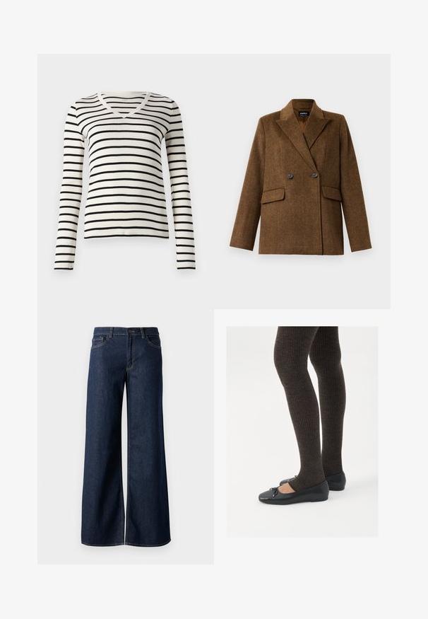 Blazer in lana marrone doppiopetto con revers ampi, due tasche anteriori a soffietto e chiusura con bottoni, esposto su uno sfondo bianco semplice.; Maglione a maniche lunghe a V in bianco e nero, realizzato in tessuto morbido, caratterizzato da righe orizzontali uniformi e un design aderente.; Jeans a gamba larga in denim blu scuro. Presentano cuciture a contrasto, cinque tasche e una chiusura con bottone in vita. Texture morbida.; Scarpe nere a flat con un piccolo fiocco sulla punta, abbinate a collant a coste marrone scuro. Le scarpe hanno una texture liscia e un profilo basso.