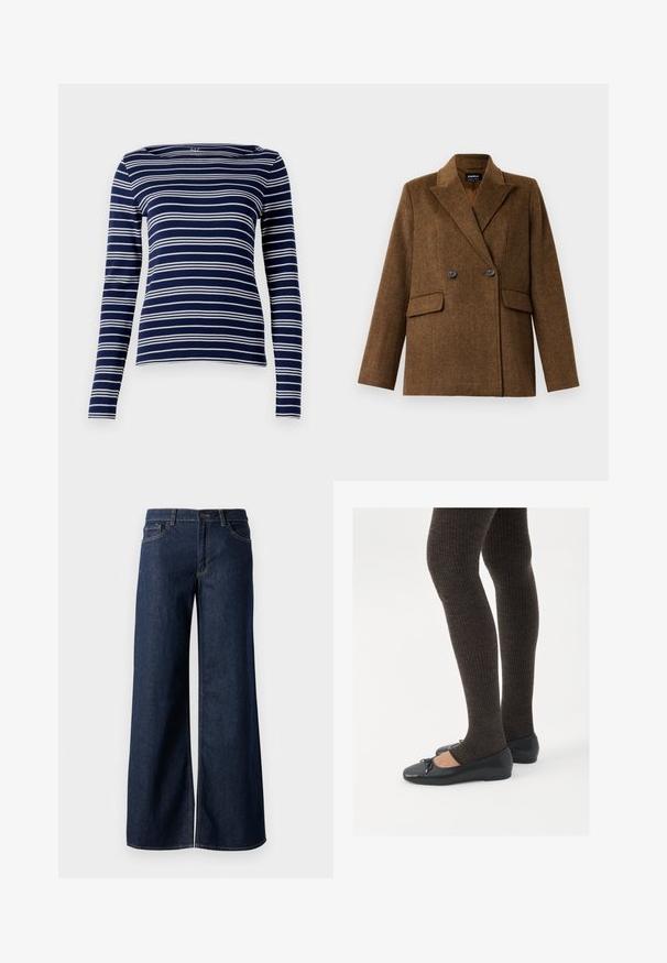 Blazer de lã castanho, de dois botões, com lapelas largas, duas bolsas frontais com aba e fecho de botão, exibido sobre um fundo branco liso.; T-shirt de manga longa azul-marinho com listras brancas horizontais, decote barco e tecido suave e elástico. Design simples e ajustado, com detalhes mínimos.; Jeans de perna larga em denim azul escuro. Apresenta costura em contraste, cinco bolsos e um fecho de botão na cintura. Textura lisa.; Sapatos planos pretos com um pequeno laço na ponta, emparelhados com meias-calças caneladas castanhas escuras. Os sapatos têm uma textura suave e um design discretamente baixo.