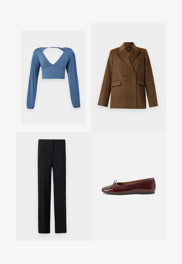 Rudas dvigubas vilnonis švarkas su plačiomis atlapinėmis, dviem priekinėmis kišenėmis su sagtimis, eksponuojamas ant paprasto balto fono.; Mėlyna ilgo rankovės trumpa palaidinė su giliu V formos iškirpimu, susirinkimo detalėmis krūtinėje ir šiek tiek pūstomis rankovėmis. Lygi, tampri medžiaga.; Juodos pritaikytos kelnės tiesiu kirpimu, su lygiu paviršiumi ir be matomų raštų. Standartinė juosmens dalis ir tvarkingas apdorojimas.; Bordo lakiotos odos baleto bateliai su apvalia nosimi, maža kaspinėlio akcentu priekyje ir žema juoda guma padanga. Lygi tekstūra.