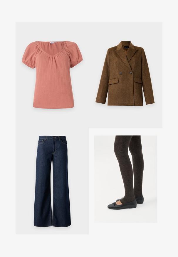 Brown double-breasted wool blazer with wide lapels, two front flap pockets, and button closure, displayed on a plain white background.; V-neck pink top with puff sleeves. Made of ribbed fabric, featuring subtle texture and a relaxed fit. Smooth, lightweight material.; Wide-leg jeans in dark blue denim. Features contrast stitching, five pockets, and a button closure at the waist. Smooth texture.; Black flat shoes with a small bow detail at the toe, paired with dark brown ribbed tights. Shoes have a smooth texture and low profile.