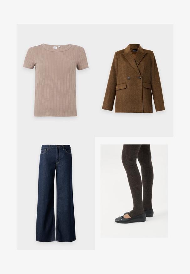 Smeđi dvoredni vuneni sako sa širokim reverima, dva prednja džepa s preklopom i dugmetom, prikazan na jednostavnoj bijeloj pozadini.; Bež majica kratkih rukava od rebrastog pletiva s okruglim izrezom, prikazana na jednobojnoj bijeloj pozadini.; Široke traperice u tamnoplavoj denim boji. Sadrže kontrastno šivanje, pet džepova i kopčanje na dugme u struku. Glatka tekstura.; Crne ravne cipele s malim mašnom na vrhu prstiju, uparene s tamnosmešnim rebrovanim čarapama. Cipele imaju glatku teksturu i nizak profil.