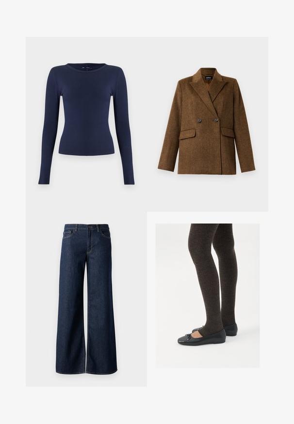 Brown double-breasted wool blazer with wide lapels, two front flap pockets, and button closure, displayed on a plain white background.; Navy blue long-sleeve ribbed top with a round neckline. Made from a stretchy fabric, it has a fitted shape and smooth texture.; Wide-leg jeans in dark blue denim. Features contrast stitching, five pockets, and a button closure at the waist. Smooth texture.; Black flat shoes with a small bow detail at the toe, paired with dark brown ribbed tights. Shoes have a smooth texture and low profile.