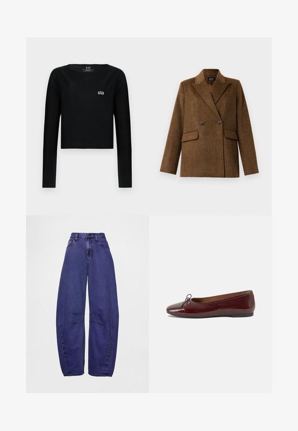 Pruun kahepoolne villane bleiser laiade klappidega, kahe esise fanaaniga taskuga ja nööbiga kinnitamine, esitatud ühel lihtsal valgel taustal.; Must have varrukatega must crop-top, mis on valmistatud puuvillast, ümmarguse kaelusega ning valge broderiga "GAP" logo rinnal. Sile tekstuur.; Laiade lõikega lillad teksapüksid, millel on kõrge vöökoht, esimesed taskud ja kaks horisontaalset õmblust säärtel.; Burgundi patendnahk kingad balletitüüpi, ümmarguse ninaosa, ees väike paelaaktsent ja madal must kummist tald. Sile tekstuur.
