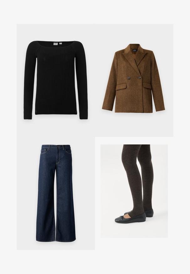 Blazer in lana marrone doppiopetto con revers ampi, due tasche anteriori a soffietto e chiusura con bottoni, esposto su uno sfondo bianco semplice.; Top lungo a maniche nere a coste con scollatura quadrata. Realizzato in un tessuto testurizzato e elastico. Offre una vestibilità slim e maniche leggermente affusolate.; Jeans a gamba larga in denim blu scuro. Presentano cuciture a contrasto, cinque tasche e una chiusura con bottone in vita. Texture morbida.; Scarpe nere a flat con un piccolo fiocco sulla punta, abbinate a collant a coste marrone scuro. Le scarpe hanno una texture liscia e un profilo basso.