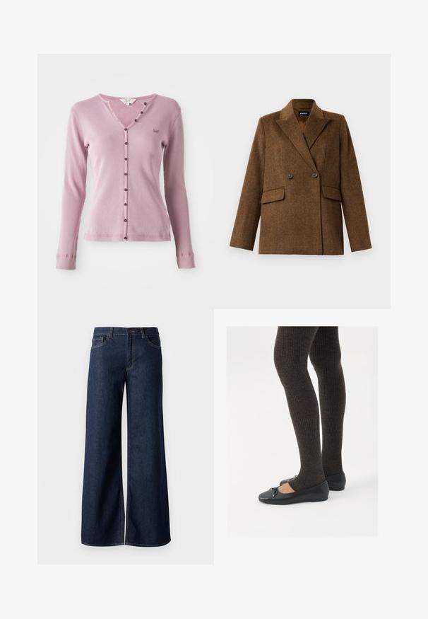Brown double-breasted wool blazer with wide lapels, two front flap pockets, and button closure, displayed on a plain white background.; Pink ribbed long-sleeve cardigan with a v-neck, featuring brown buttons down the front and a small logo on the left chest.; Wide-leg jeans in dark blue denim. Features contrast stitching, five pockets, and a button closure at the waist. Smooth texture.; Black flat shoes with a small bow detail at the toe, paired with dark brown ribbed tights. Shoes have a smooth texture and low profile.