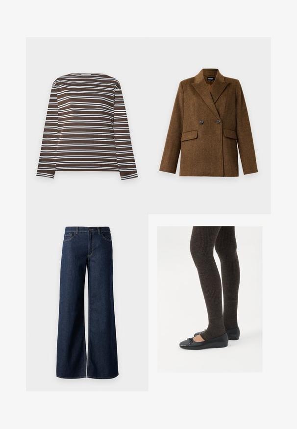 Brūns divrindu vilnas žakets ar plašām atlokām, divām priekšējām kabatām ar flap un pogu aizdari, izstādīts uz vienkārša balta fona.; Brūna garām piedurknēm krekls ar horizontālām gaiši zilo svītrām. Apaļais kakla izgriezums, mīksta auduma ar gludu tekstūru. Vienkāršs dizains, bez papildu detaļām.; Platas kājas džinsi tumši zilā denima krāsā. Iespējas ir kontrastējošās vīles, piecas kabatas un pogu aizdare jostasvietā. Gluda tekstūra.; Melnas plakano formas kurpes ar mazu loku uz pirksta, apvienotas ar tumši brūnām ribotām zeķubiksēm. Kurpēm ir gluda tekstūra un zems profils.
