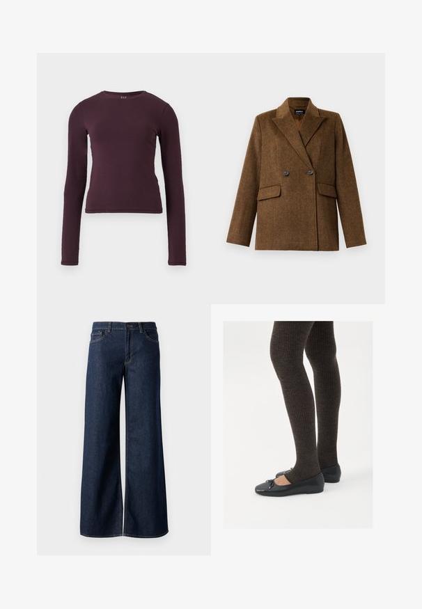 Hnedý dvojradový vlnený blejzer so širokými klopami, dvoma prednými vreckami s chlopňami a zapínaním na gombíky, zobrazený na čistom bielom pozadí.; Dlhý rukáv, tričko s okrúhlym výstrihom v tmavo purpurovej farbe, vyrobené z mäkkej, elastickej tkaniny. Má priliehavý strih bez viditeľných vzorov alebo akcentov.; Džínsy s širokými nohavicami v tmavomodrom denime. Obsahujú kontrastné prešívanie, päť vreciek a gombíkový zips v oblasti pása. Hladká textúra.; Čierne ploché topánky s malou mašľou na špičke, v kombinácii s tmavohnedými rebrovanými pančuchami. Topánky majú hladký povrch a nízky profil.