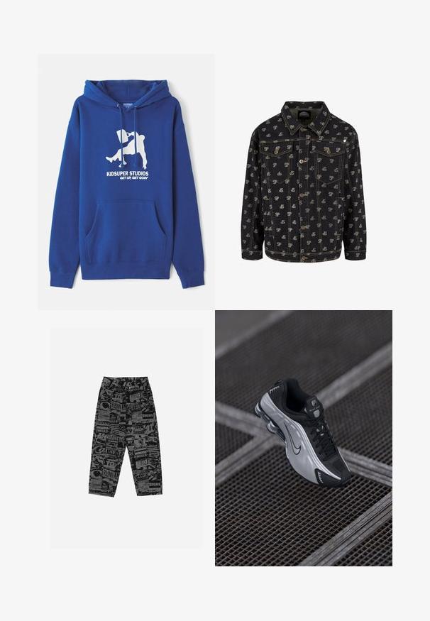 Giubbotto in denim nero con un motivo ripetuto del logo "SP" in grigio chiaro. Ha un colletto, chiusura anteriore con bottoni e due tasche sul petto con patte.; Felpa blu in misto cotone, con tasca a marsupio frontale, cordoncini e stampa grafica bianca con nome del marchio e slogan.; T-shirt bianca in cotone con una grande grafica rossa e nera di un gatto in stile cartone animato, con occhi e denti esagerati, posizionata di lato.; Pantaloni neri con stampa grafica che presenta vari testi e immagini. Realizzati in tessuto leggero, hanno una vestibilità comoda e gambe dritte.; Scarpa sportiva Nike con un design nero e argento. Realizzata in materiale sintetico con dettagli in rete e una suola di supporto con ammortizzazione ad aria visibile.