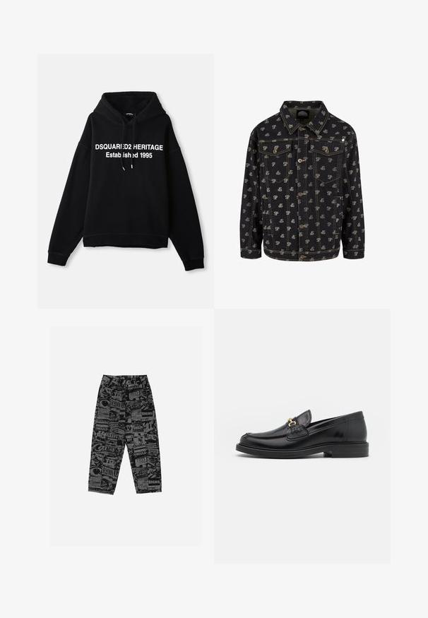 Zwarte denimjack met een herhalend "SP" logo patroon in lichtgrijs. Het heeft een kraag, een knoopsluiting aan de voorkant en twee borstzakken met kleppen.; Zwarte fleece hoodie met een centraal wit grafisch tekst dat luidt "DSQUARED2 HERITAGE Established 1995." Bevat een voorkant zak en een trekkoord capuchon.; Zwarte broek met een grafisch patroon van verschillende teksten en afbeeldingen. Gemaakt van lichtgewicht stof, hebben ze een losse pasvorm en rechte pijpen.; Zwarte leren instappers met een ronde neus, voorzien van een gouden hardware accent en stikdetails, geplaatst op een lage, getextureerde rubberen zool.