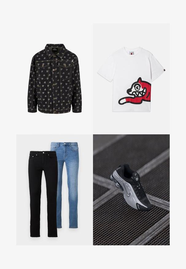 Juodas džinsinis švarkas, papuoštas pakartotiniu "SP" logotipo raštu šviesiai pilkos spalvos. Jis turi apykaklę, mygtukais užsegamą priekyje ir dvi krūtinės kišenes su atvartais.; Balta medvilninis marškinėlis su dideliu raudonu ir juodu piešiniu, vaizduojančiu animacinio stiliaus katę su išryškintomis akimis ir dantimis, esančiu šone.; Du komandos džinsai: vieni juodi, kiti šviesiai mėlyni. Abu turi slim fit siluetą, penkių kišenių dizainą ir metalinę aparatūrą juosmens srityje.; Nike sportiniai batai, pasižymintys juoda ir sidabrine spalvų kombinacija. Pagaminti iš sintetinės medžiagos su tinklinėmis detalėmis ir palaikančia padu, kuriame matoma oro pagalvėlė.