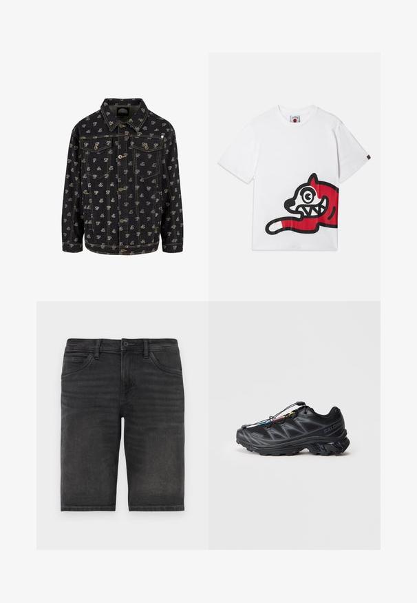 Schwarze Jeansjacke mit einem sich wiederholenden "SP"-Logomuster in hellgrau. Sie hat einen Kragen, eine knopffront und zwei Brusttaschen mit Klappen.; Weißes Baumwoll-T-Shirt mit einem großen roten und schwarzen Grafik eines cartoonhaften Katers mit übertriebenen Augen und Zähnen, seitlich platziert.; Schwarze Denim-Shorts mit geradem Schnitt, fünf Taschen und Knopfverschluss. Sie haben eine leichte Ausbleichung und eine robuste Stofftextur.; Schwarzer Sportschuh mit einem strukturierten Mesh-Obermaterial, verstärkter Zehenkappe und einem Schnellverschluss-System. Verfügt über eine robuste Laufsohle und einen leichten Absatz.