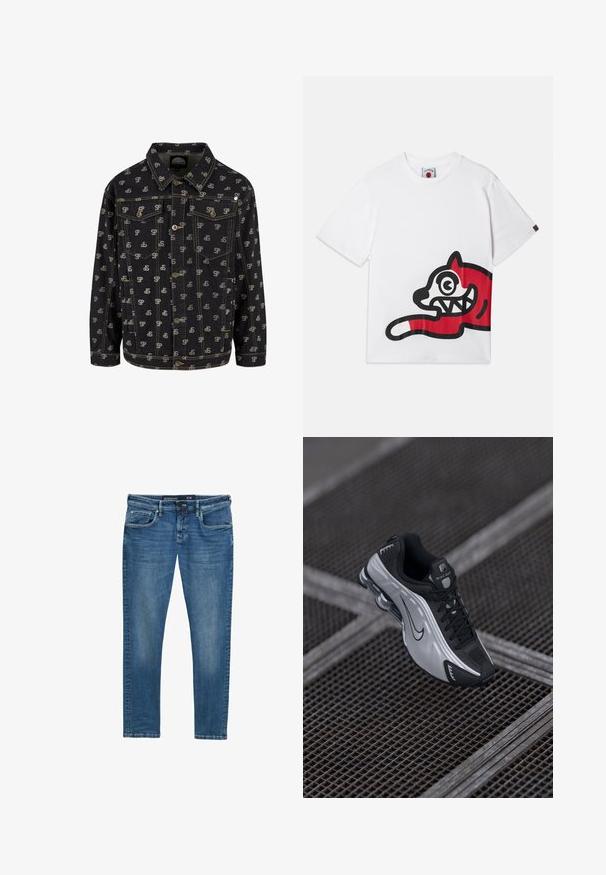 Must mustree jope, millel on kerges hallis värvitoonis korduv "SP" logo muster. Sellel on krae, nupudega esitasku ja kaks rinna taskut klappidega.; Valge puuvillane T-särk, millel on suur punane ja must joonis koomiksilaadse kassi üle rõhutatult suurte silmade ja hammastega, paiknedes külgmisel küljel.; Sinised denim teksad sirge jalaga, viie taskuga disain, õrn kulum reite piirkonnas ja vöökoha silt, mis näitab suurust 31/32.; Nike spordijalatsid, millel on must ja hõbedane disain. Valmistatud sünteetilisest materjalist, millel on võrgusilma aktsendid ja toetav tald nähtava õhkbuffriga.