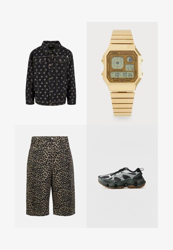 Schwarze Jeansjacke mit einem sich wiederholenden "SP"-Logomuster in hellgrau. Sie hat einen Kragen, eine knopffront und zwei Brusttaschen mit Klappen.; Graues Baumwoll-T-Shirt mit einem großen, abstrakten weißen Logo-Design auf der Vorderseite. Kurze Ärmel und Rundhalsausschnitt. Glatte Textur.; Leopardenmuster-Jeansshorts in erdigen Tönen, mit Knopfverschluss, fünf Taschen und entspannter Passform.; Schwarze und graue Sportschuhe mit einer Oberseite aus Mesh, sculptierter Sohle und Gummilaufsohle. Verfügt über ein sicheres Schnürsystem und eine Zuglasche an der Ferse.; Goldfarbener Digitaluhren mit achteckigem Ziffernblatt, gummiertem Armband, LCD-Display, das Uhrzeit und Datum anzeigt, und Tasten an der Seite für Einstellungen.