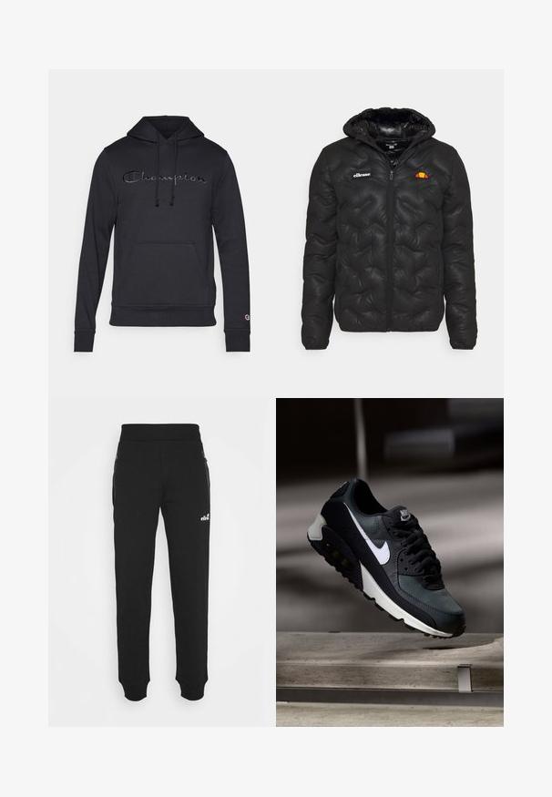 Črna pufasta jakna s kapuco, z quilted vzorcem, zadrgo spredaj in logotipom na levem prsnem delu. Elastični manšeti.; Črna kapuca narejena iz mehkega blaga, s sprednjim žepom, kapuco na vrvico in temnim vezanim "Champion" logotipom čez prsni del.; Črne trenirke iz mehkega blaga imajo zasnovo z zoženimi nogami, elastičen pas, stranske žepe z zadrgo in majhen logotip.; Črne in zelene športne copate z vzorčasto mrežasto zgornjo obutvijo, belim swoosh logotipom, oblazinjenim ovratnikom in vidno enoto z zračnim blaženjem v podplatu.