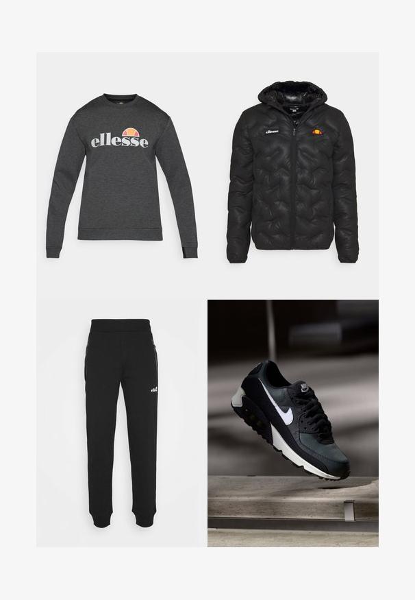 Black puffer jacket with a hood, featuring a quilted design, zip front, and a logo on the left chest. Elastic cuffs.; Dark gray sweatshirt made of cotton blend. Features a ribbed crew neckline and cuffs. Displays "ellesse" logo in white with orange accent.; Black sweatpants made of soft fabric feature a tapered leg design, elastic waistband, side pockets with zippers, and a small logo accent.; Black and green sneaker with a patterned mesh upper, white swoosh logo, padded collar, and a visible air cushioning unit in the sole.