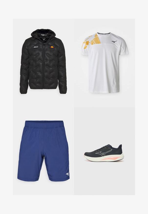 Schwarze Pufferjacke mit Kapuze, mit einem gesteppten Design, Reißverschluss vorne und einem Logo auf der linken Brust. Elastische Bündchen.; Weißes Sport-T-Shirt mit einem geometrischen gelben Design auf einer Schulter, glatte Textur, runder Ausschnitt und Logo in Dunkelgrau.; Marineblaue Sportshorts mit einem elastischen Bund, zwei Seitentaschen und einem weißen Logodetail. Hergestellt aus leichtem synthetischem Material.; Schwarzer Laufschuh mit einem glatten Textilobermaterial, ausgestattet mit einem weißen Logo, pinken Akzenten an der Sohle und einem abgerundeten Zehenbereich.