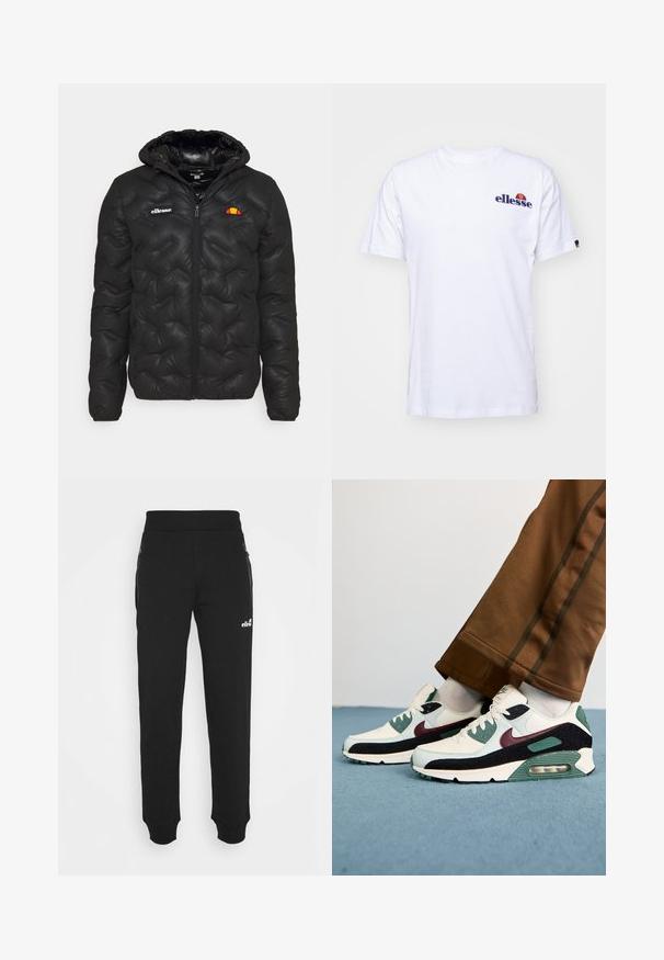 Sort pufferjakke med hætte, med quiltet design, lynlås foran og et logo på venstre bryst. Elastiske manchetter.; Hvid bomulds t-shirt med korte ærmer, prydet med et marineblåt broderet logo på venstre bryst og en farverig accent over logoet.; Sorte sweatpants lavet af blødt stof har en tapered ben-design, elastisk talje, sidelommer med lynlås og et lille logo accenter.; Nike Sportswear AIR MAX 90 PRM - Sneakers - phantom/burgundy crush/vintage green/black/light silver