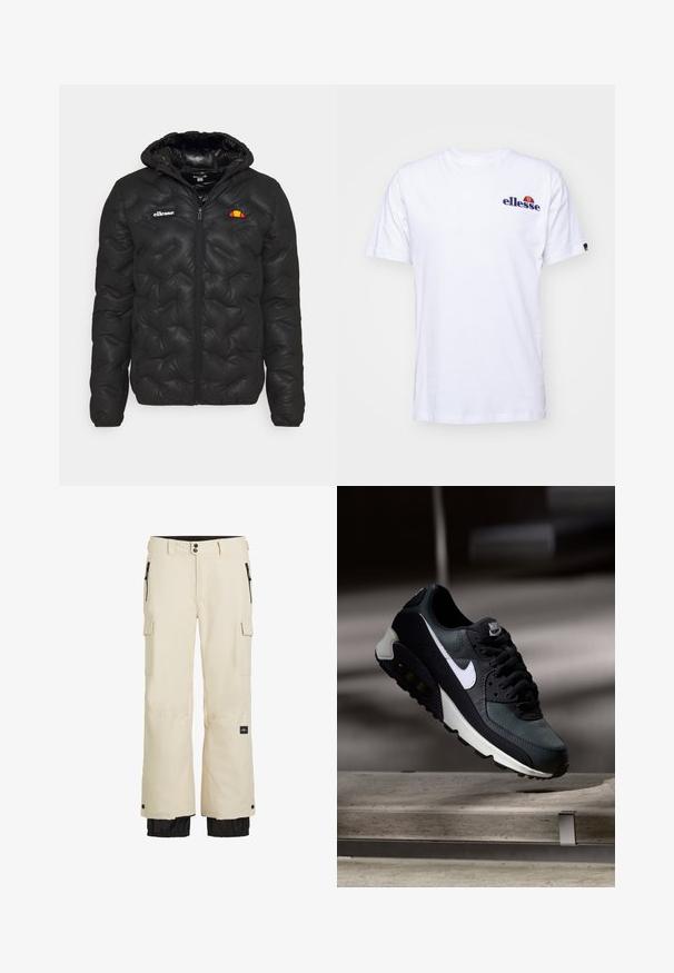 Sort pufferjakke med hætte, med quiltet design, lynlås foran og et logo på venstre bryst. Elastiske manchetter.; Hvid bomulds t-shirt med korte ærmer, prydet med et marineblåt broderet logo på venstre bryst og en farverig accent over logoet.; Beige cargo bukser med en sort nederste sektion, der har elastiske manchetter, flere lommer og en lynlås lukning. Lavet af holdbart, vandafvisende materiale.; Sort og grøn sneaker med et mønstret mesh-overdel, hvid swoosh-logo, polstret krave og en synlig luftdæmpningsenhed i sålen.