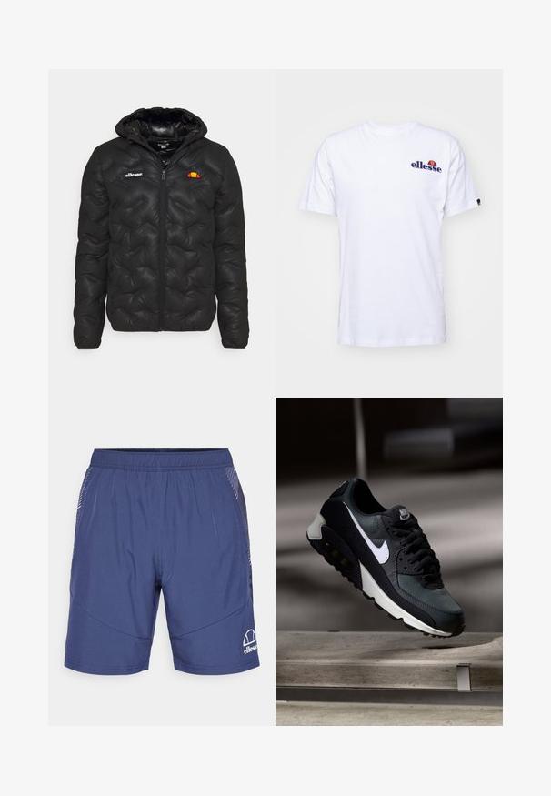 Mustmust must jacket kapuutsiga, millel on kviltitud disain, lukuga eesosa ja logo vasakul rinnal. Elastsed mansetid.; Valge puuvillane t-särk lühikeste varrukatega, millel on vasakus rinnas tumesinine broderi logo ning logo kohal erksavärviline aktsent.; Tumed sinised lühikesed püksid kergest kangast, millel on elastne vöökoht, külgedel taskud ja valge logo vasakul allservas.; Must must ja rohelised tossud, millel on mustriline võrgu pealmine osa, valge Swoosh-logo, pehmendatud krae ja nähtav õhutusüksus tallas.