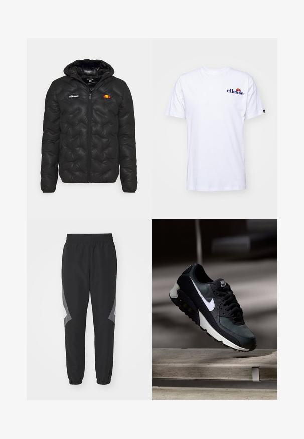 Fekete pufferszövet kabát kapucnival, steppelt dizájnnal, elől cipzárral és bal mellkason logóval. Rugalmas mandzsetták.; Fehér pamut póló rövid ujjakkal, bal mellen sötétkék hímzett logóval és a logó fölött élénk színű kiegészítéssel.; Fekete jogger nadrág elasztikus derékrésszel, szűkített bokarésszel és szürke panel részletekkel az oldalán. Könnyű anyagból készült, laza fazonnal.; Fekete és zöld sportcipő mintás hálós felsőrésszel, fehér Swoosh logóval, párnázott nyakkal és látható légpárnás egységgel a talpban.