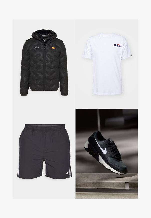 Casaco tipo puffer preto com capuz, apresentando um design acolchoado, fecho éclair frontal e um logótipo no peito esquerdo. Punhos elásticos.; Camiseta de algodão branca com mangas curtas, apresentando um logótipo bordado azul-marinho no lado esquerdo do peito e um toque de cor vibrante acima do logótipo.; Calções atléticos pretos com um cós elástico, apresentando riscas brancas nas laterais e um pequeno logótipo na parte inferior da perna direita. Tecido leve.; Sapatilhas pretas e verdes com um upper de malha padrão, logotipo swoosh branco, colarinho almofadado e uma unidade de amortecimento de ar visível na sola.