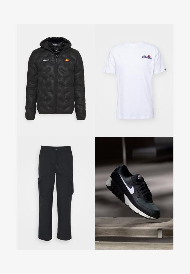 Svart puffjacka med huva, med ett quiltat mönster, dragkedja fram och en logotyp på vänster bröst. Elastiska ärmslut.; Vit bomull t-shirt med korta ärmar, med en marinblå broderad logotyp på vänster bröst och en livfull färgaccent ovanför logotypen.; Svarta cargobyxor tillverkade av vävt tyg. Har justerbart midjeband, sidofickor och två verktygsfickor med dragkedjor.; Svart och grön sneaker med ett mönstrat mesh-övre, vit swoosh-logotyp, vadderad krage och en synlig luftkudde i sulan.